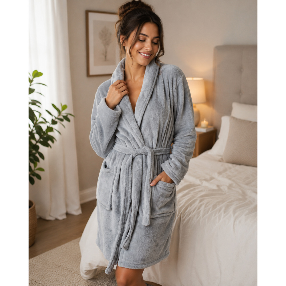 Soft Gray Plush Fleece Robe One Size Cozy Spa Lounge Bathrobe Tie Waist Pockets